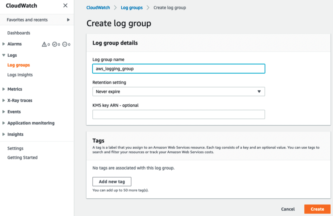 AWS CloudWatch Create log group