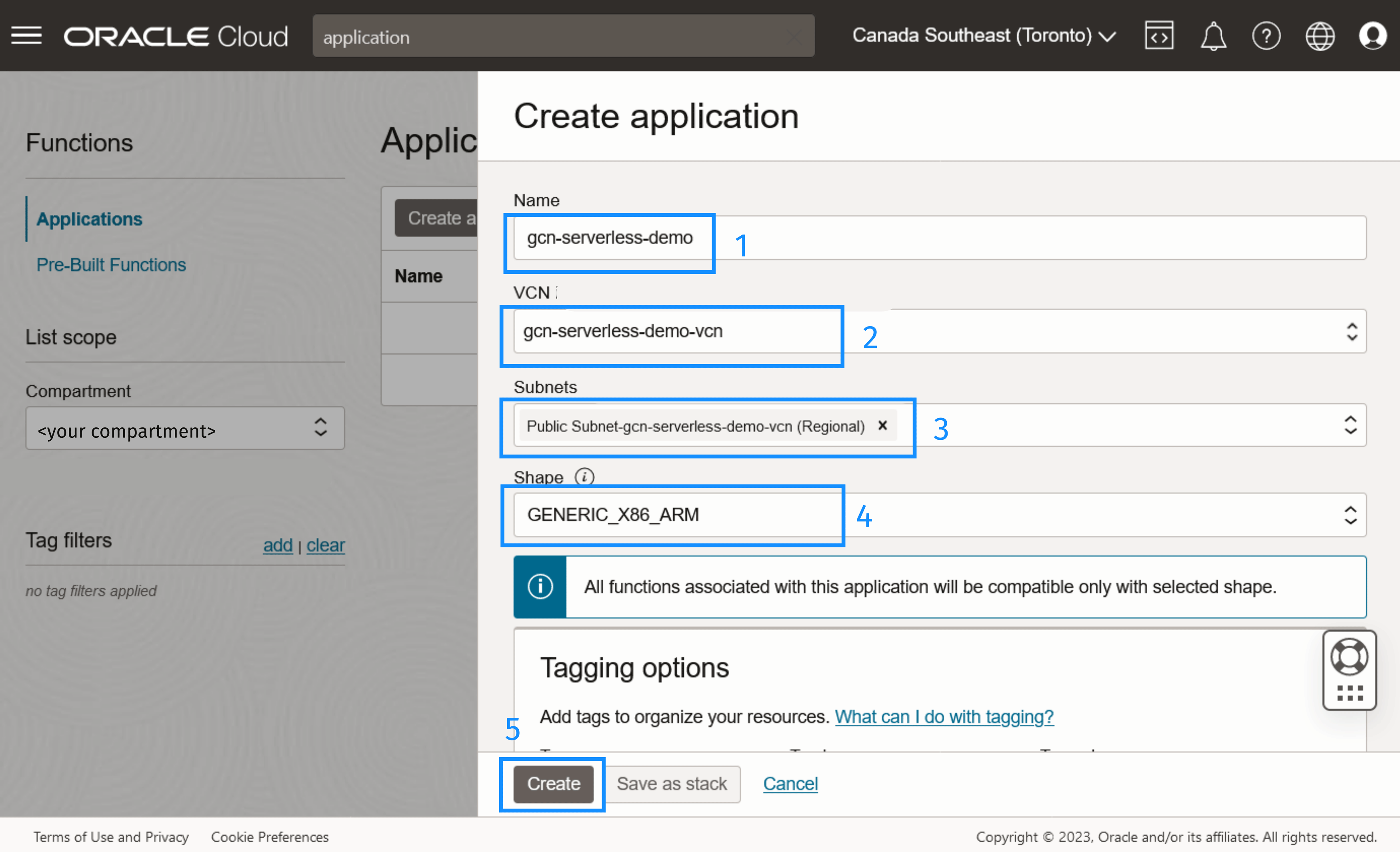 Oracle Cloud Infrastructure Create Application