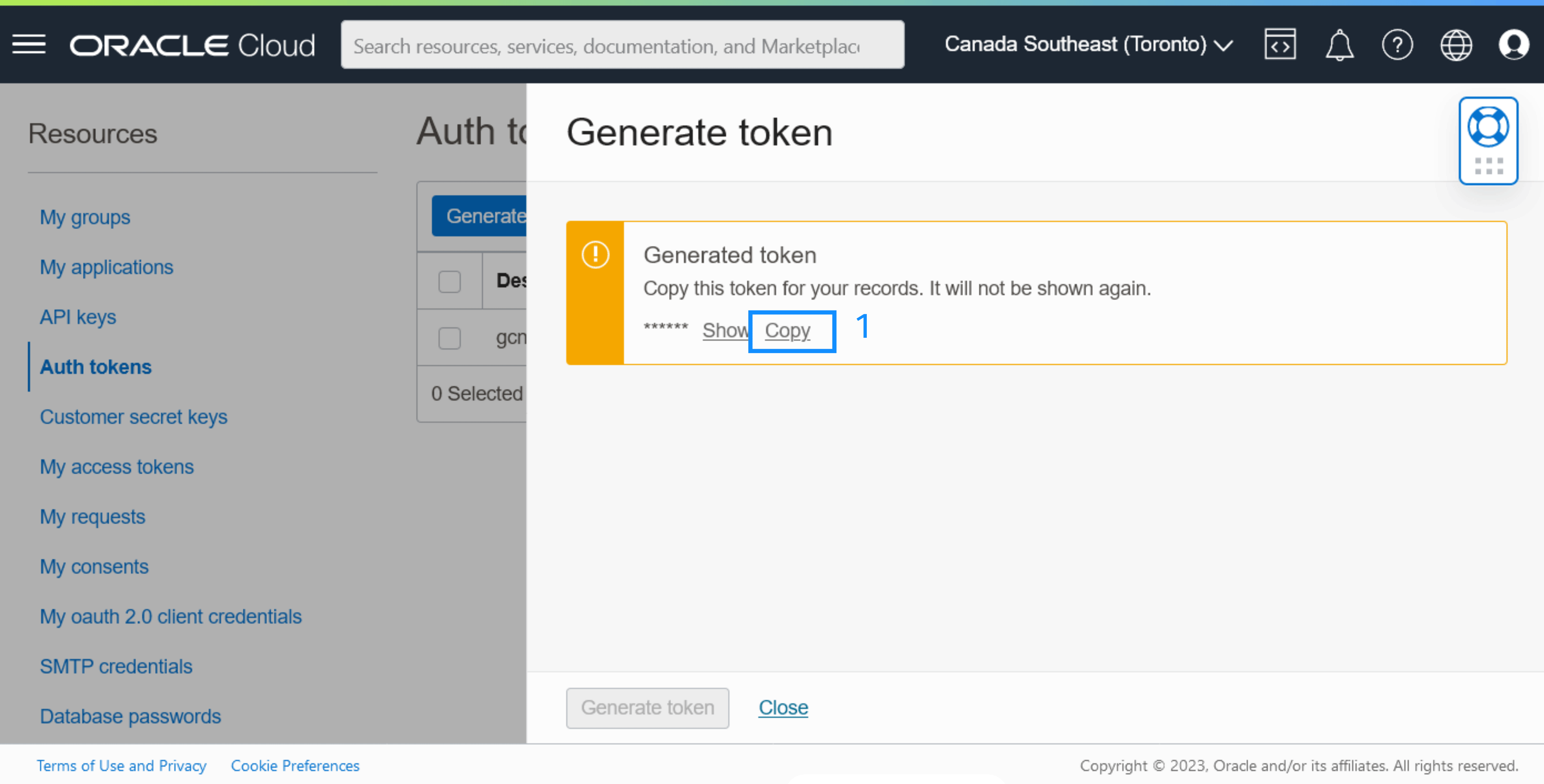 Oracle Cloud Infrastructure Copy Auth Token