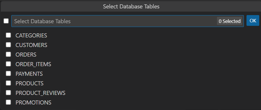 Select database tables for Entity classes