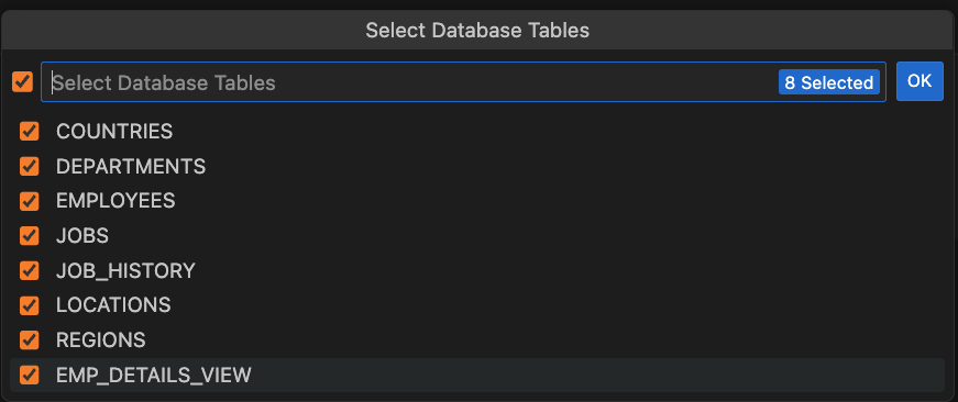 Select database tables for Entity classes