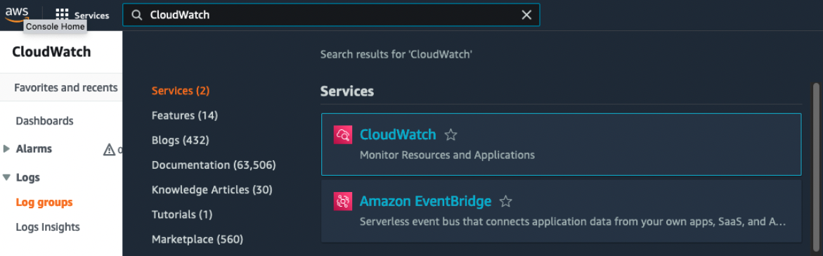 AWS CloudWatch Logs console