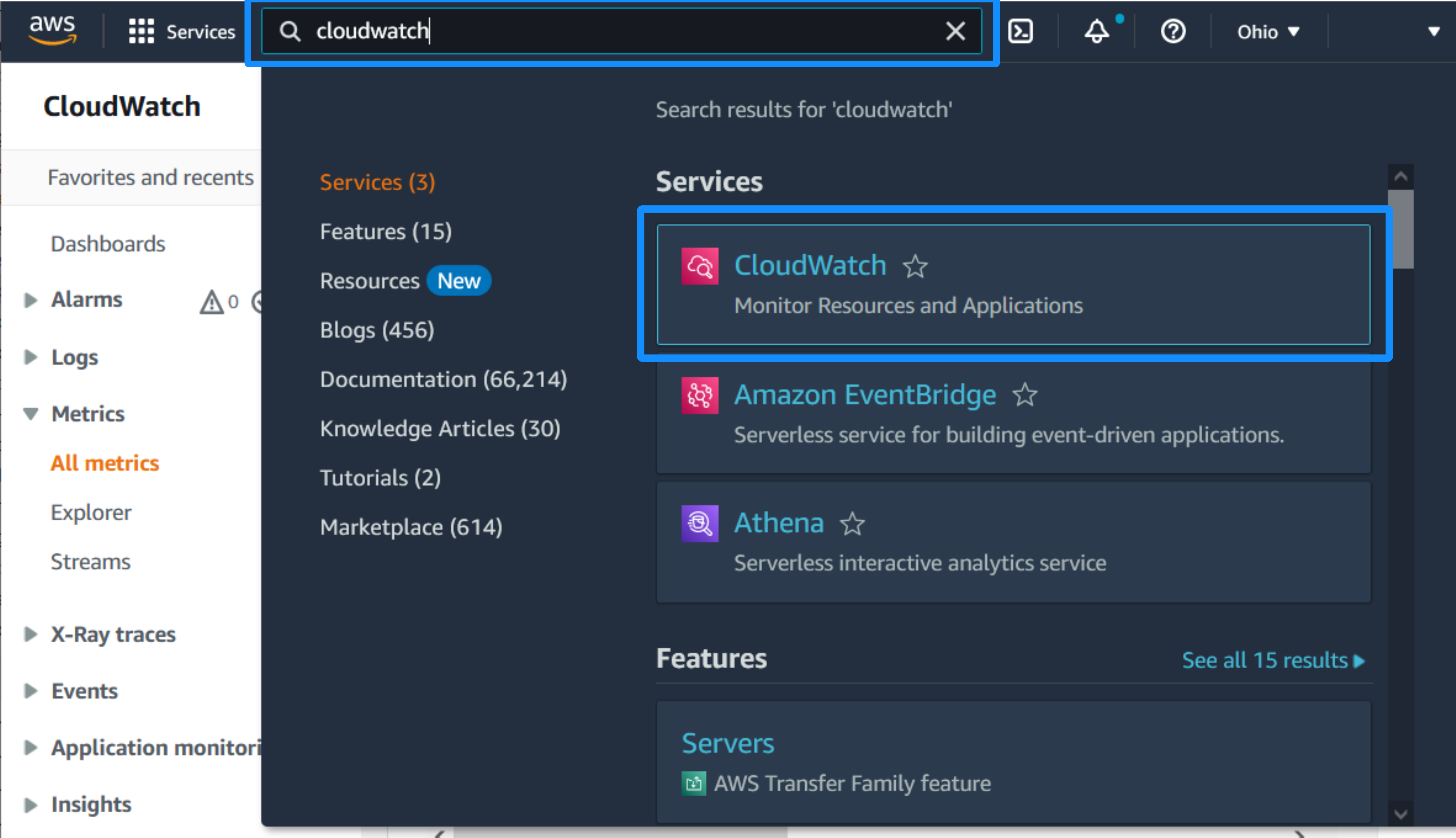 AWS CloudWatch console