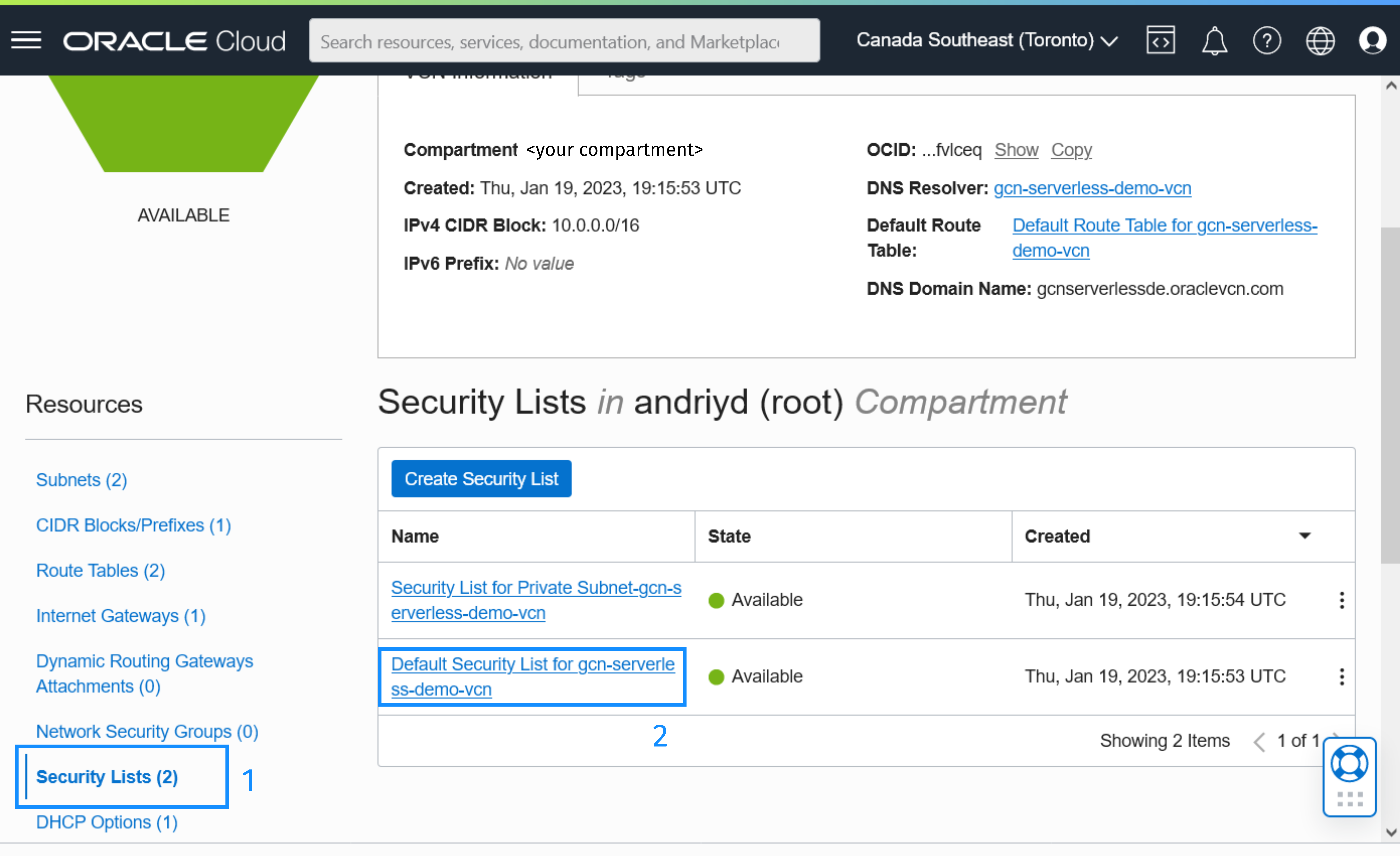 Oracle Cloud Infrastructure VCN Security Lists