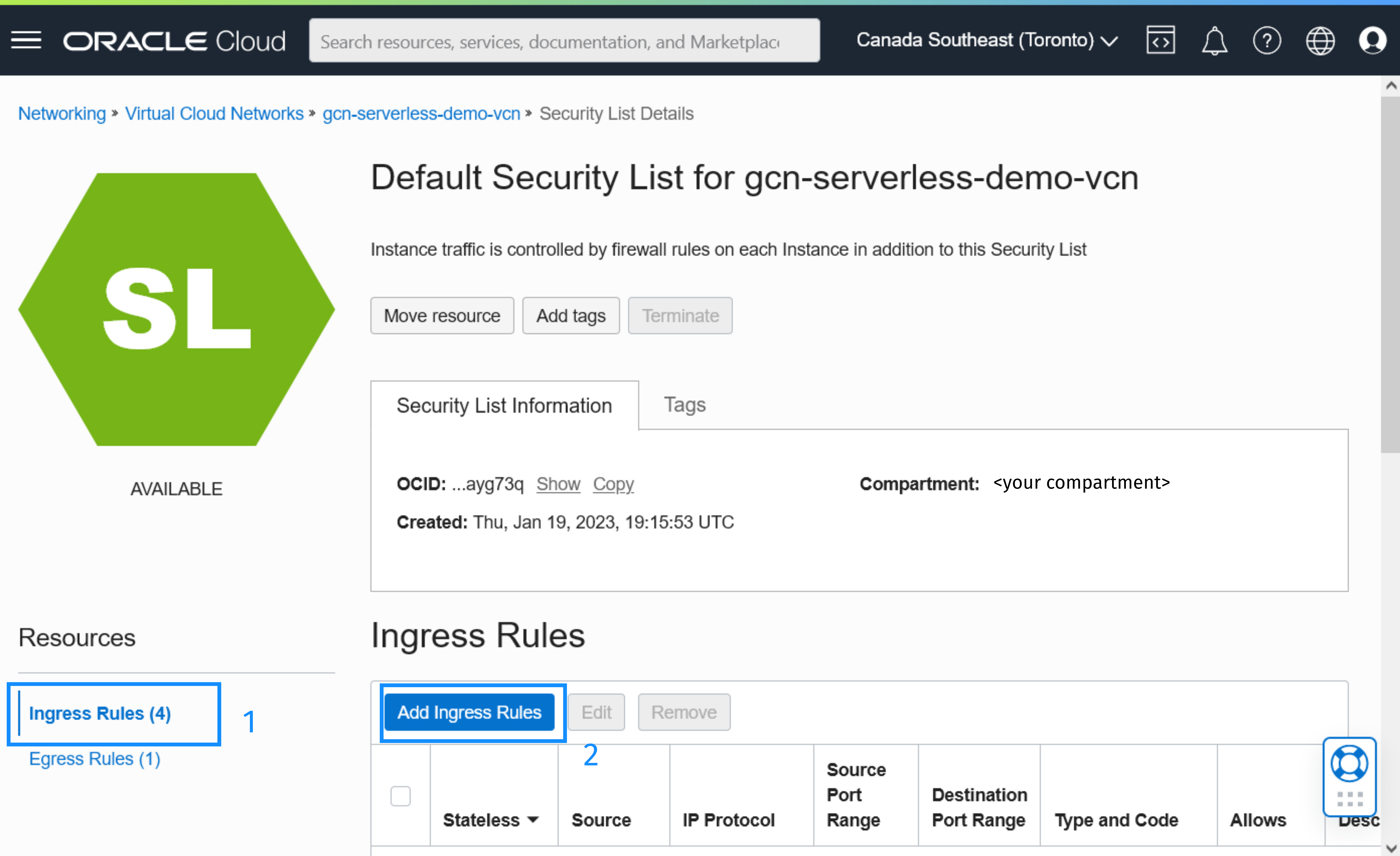 Oracle Cloud Infrastructure Security List Ingress Rules