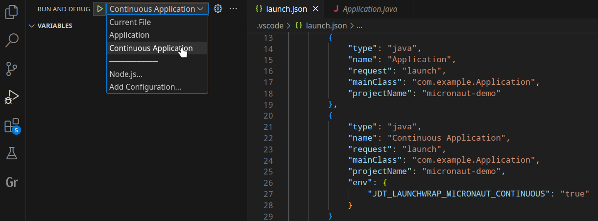 Select Launch Configuration to Run Micronaut Application in Continuous Mode